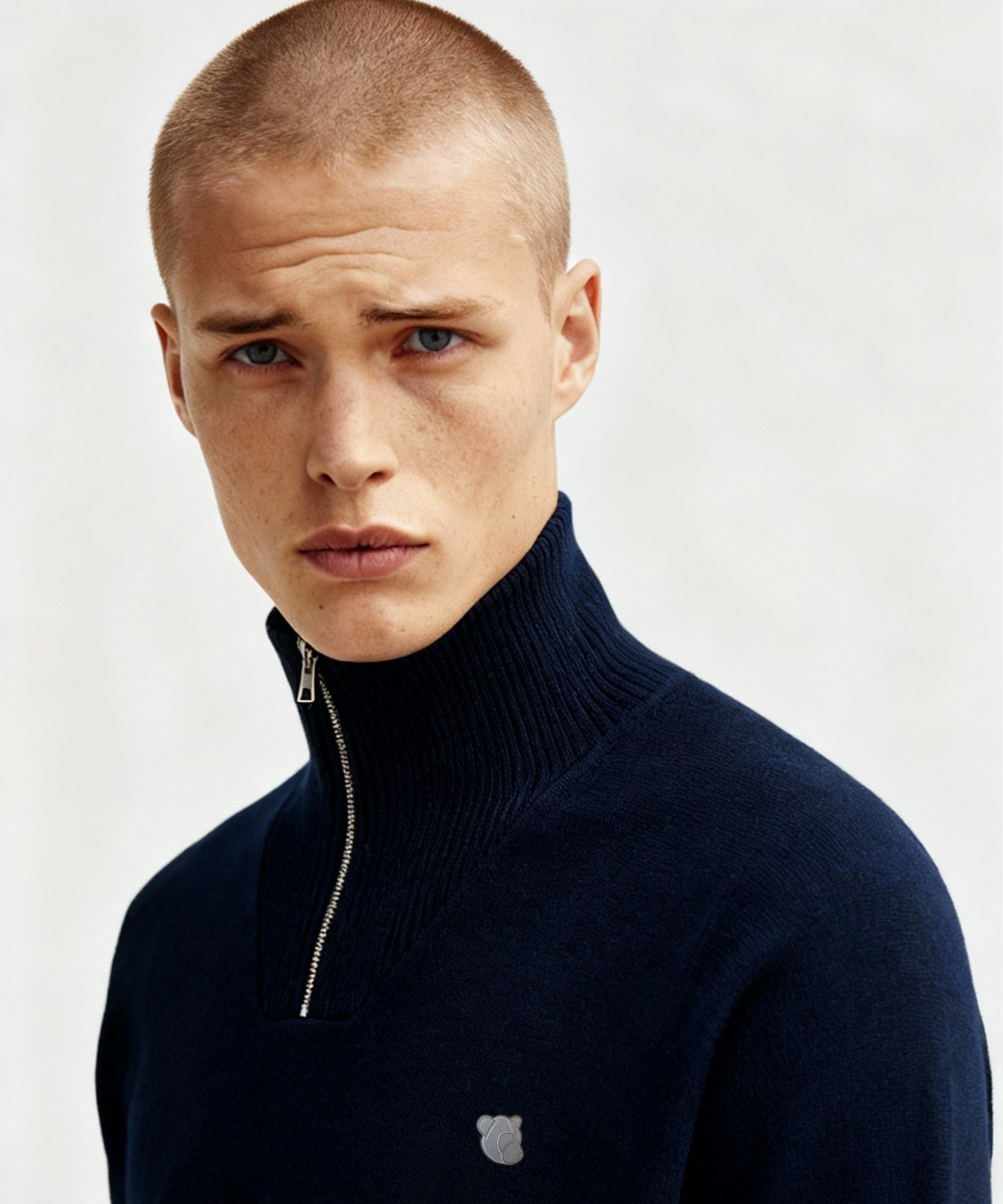 Navy half-zip strik i lambswool fra Tonsure