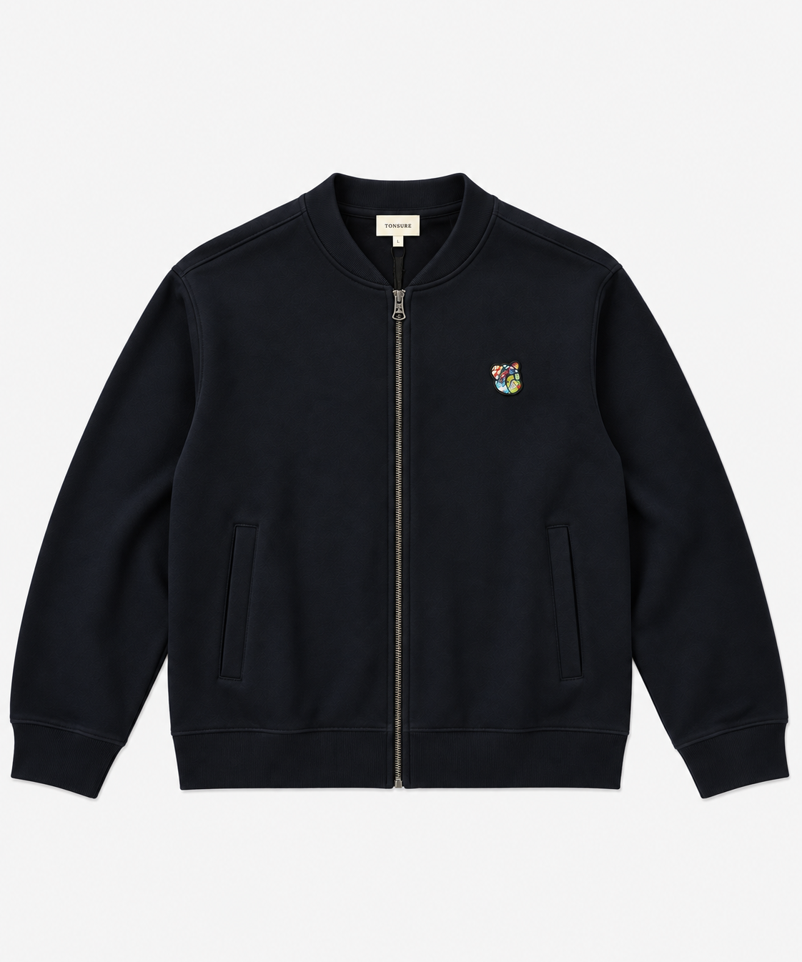 TONSURE Raymond dark navy 400 GSM organic cotton sweat jacket with Copenhagen Teddy badge