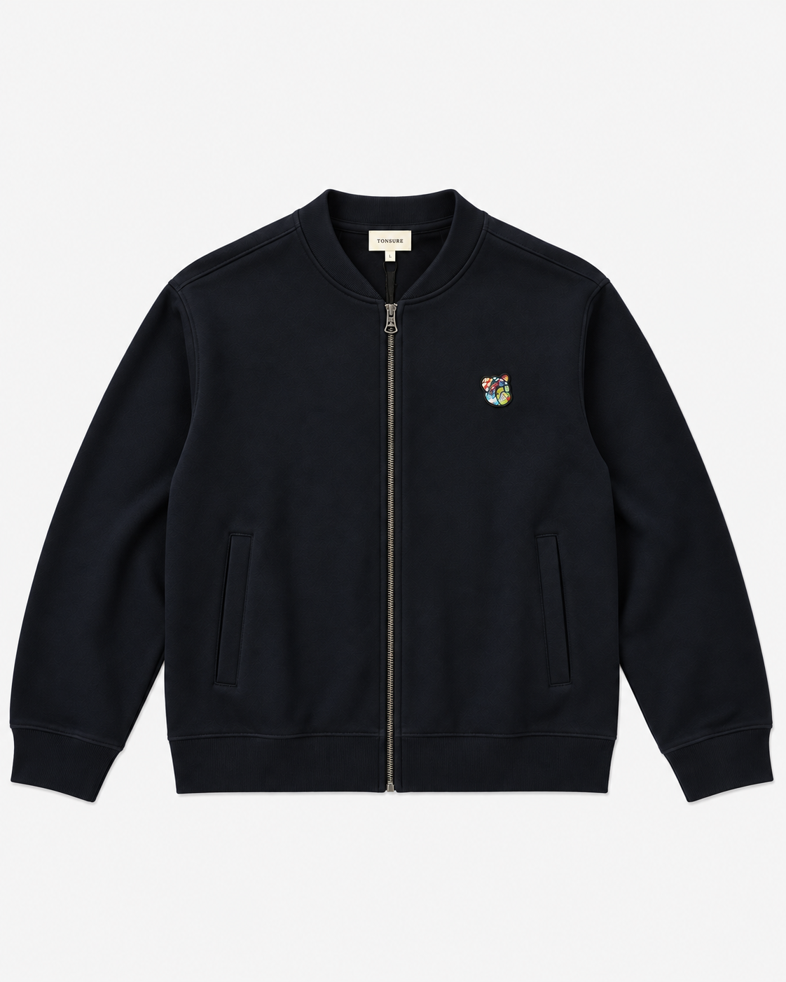 TONSURE Raymond dark navy 400 GSM organic cotton sweat jacket with Copenhagen Teddy badge