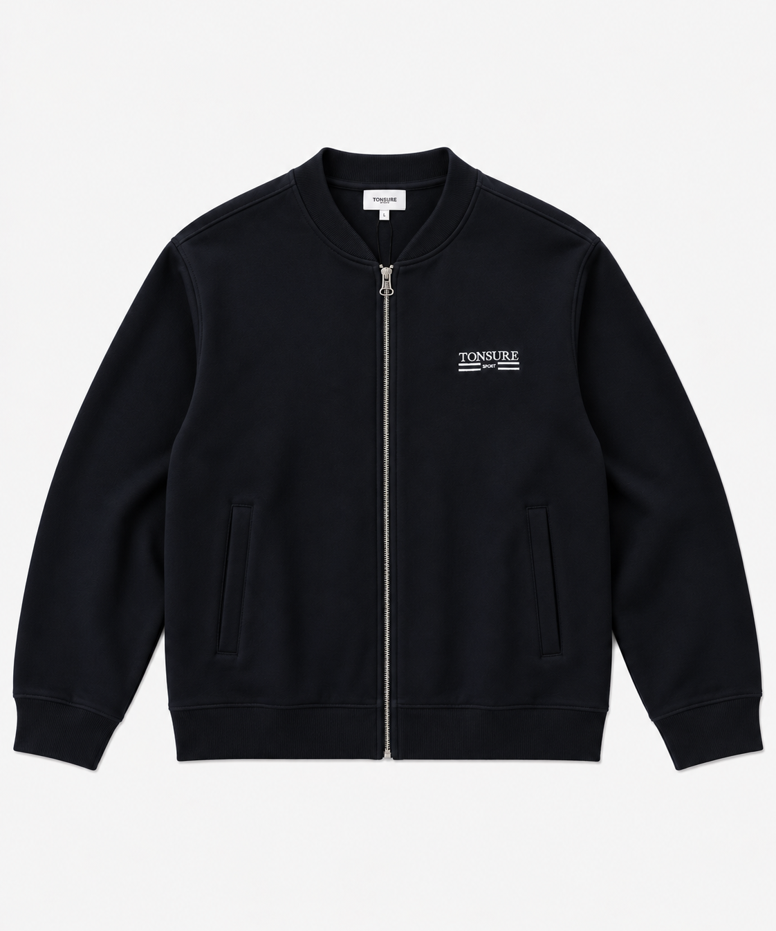 TONSURE Regent Sweat Jacket i dark navy og 400 GSM økologisk bomuld – front