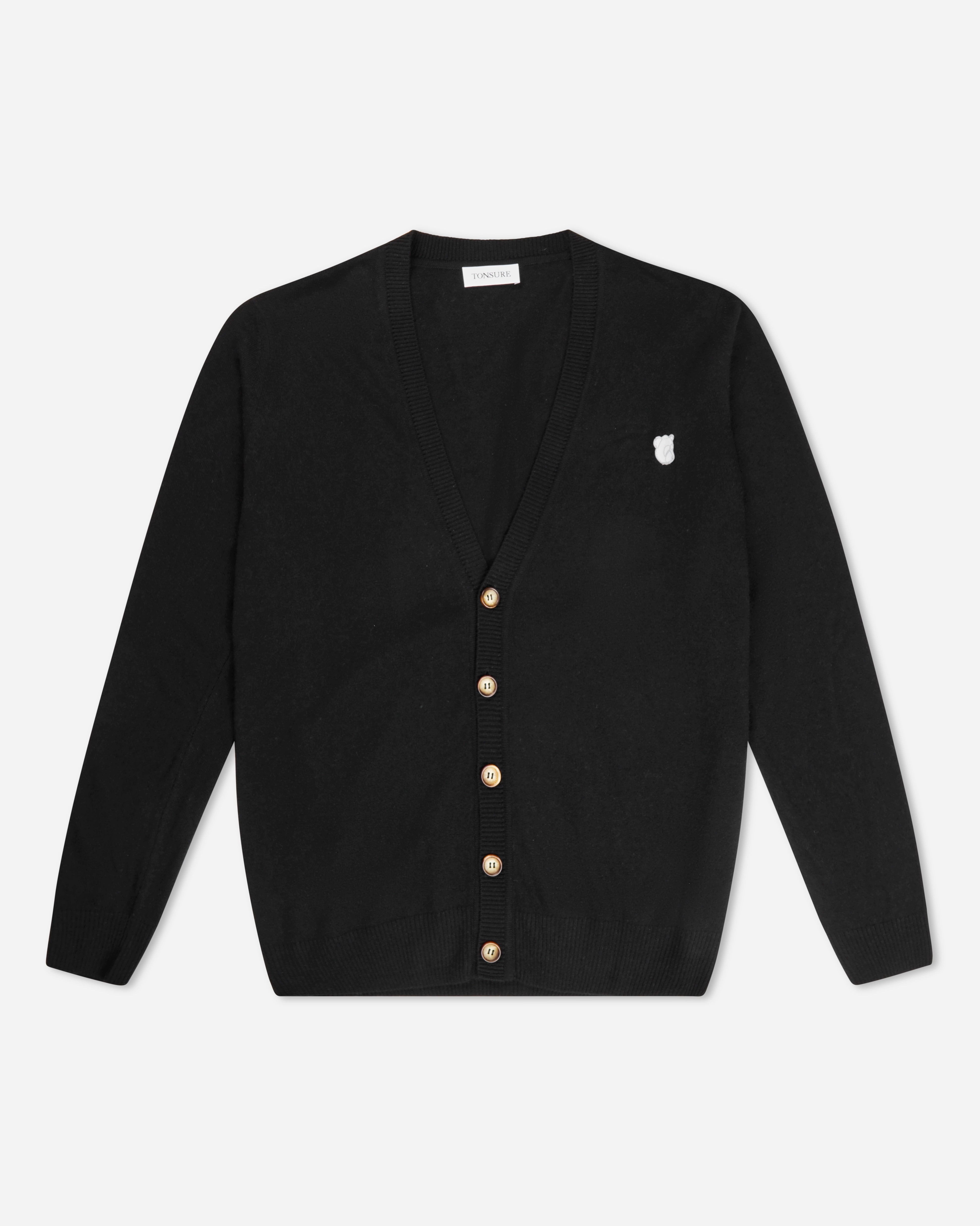 Sort lambswool cardigan til mænd og kvinder fra Tonsure. Unisex style. Copenhagen style